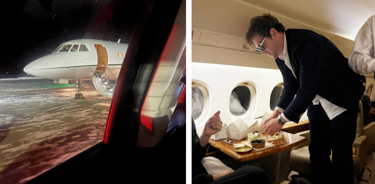 El jet privado en el que los reyes de las criptomonedas viajaban a Kentucky. Duplessie sirviendo caviar. Fuente: WSJ. El jet privado en el que los reyes de las criptomonedas viajaban a Kentucky. Duplessie sirviendo caviar. Fuente: WSJ.