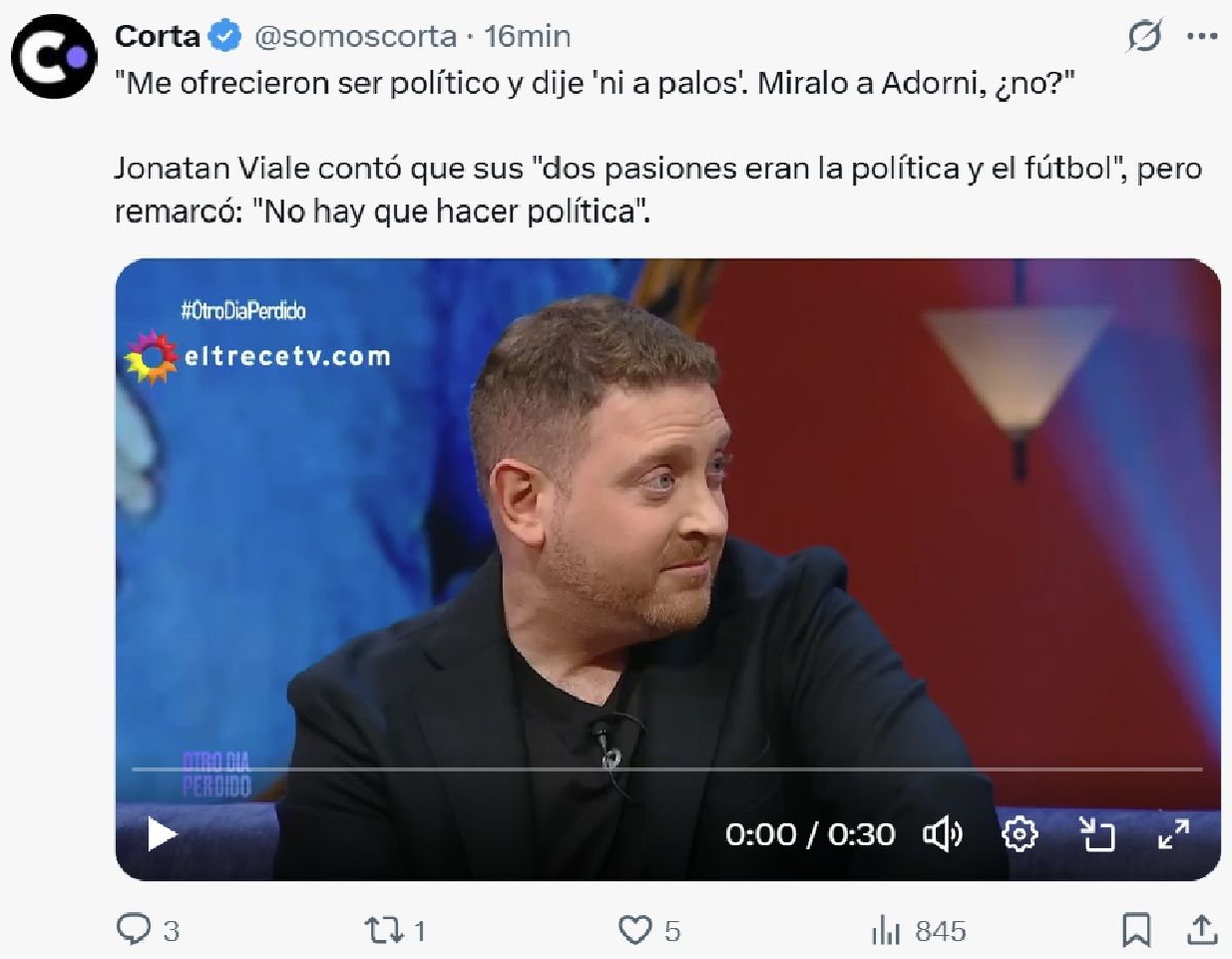 Jonatan Viale desacartó convertirse en fucionario público y disparó contra el jefe de Gabinete. Jonatan Viale desacartó convertirse en fucionario público y disparó contra el jefe de Gabinete.