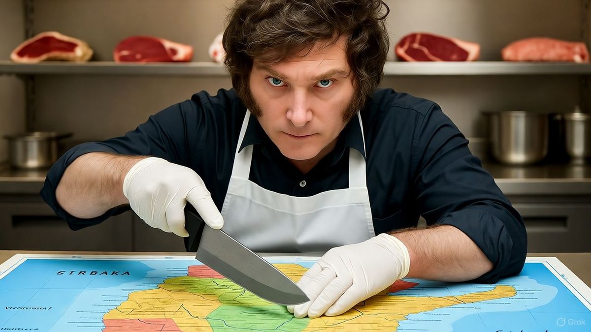 Javier Milei cortando un mapa de la República Argentina.