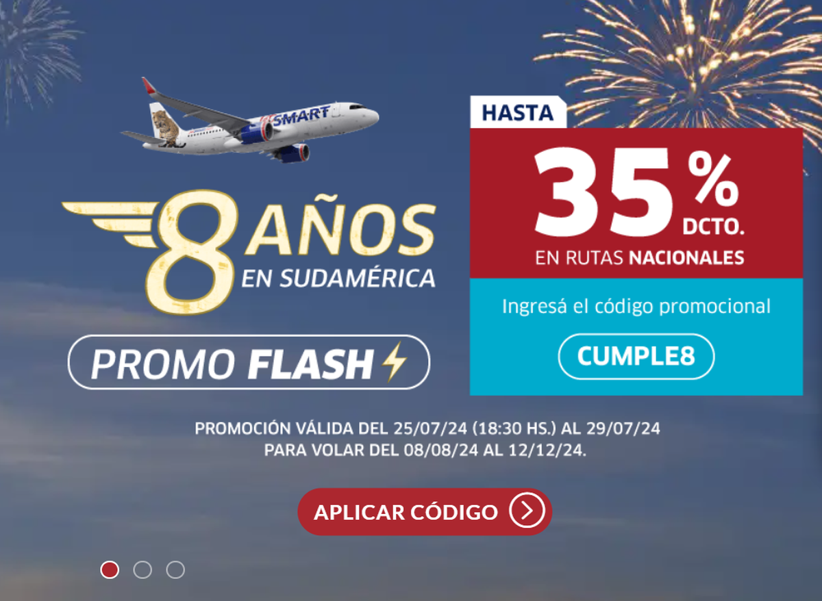 La aerolínea low cost, JetSmart, lanzó descuentos por sus 8 años en Sudamérica. La aerolínea low cost, JetSmart, lanzó descuentos por sus 8 años en Sudamérica.