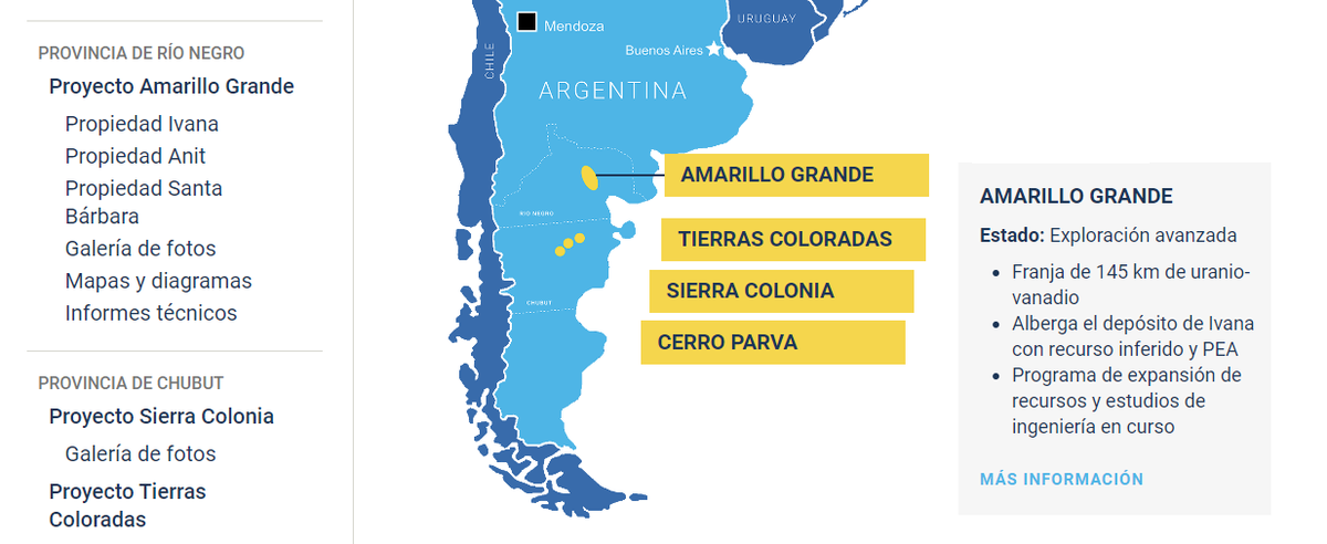 Blue Sky cuenta también con otros proyectos de uranio en Chubut conocidos como Sierra Colonia, Tierras Coloradas y Cerro Parva, pero por ahora están paralizados.