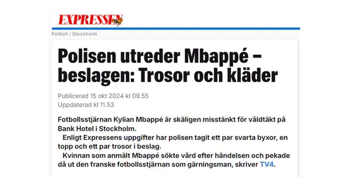 Kylián Mbappé quedó bajo sospecha en Suecia a causa de que la fiscalía de Estocolmo confirmó la apertura de una investigación contra él por abuso sexual. Kylián Mbappé quedó bajo sospecha en Suecia a causa de que la fiscalía de Estocolmo confirmó la apertura de una investigación contra él por abuso sexual.