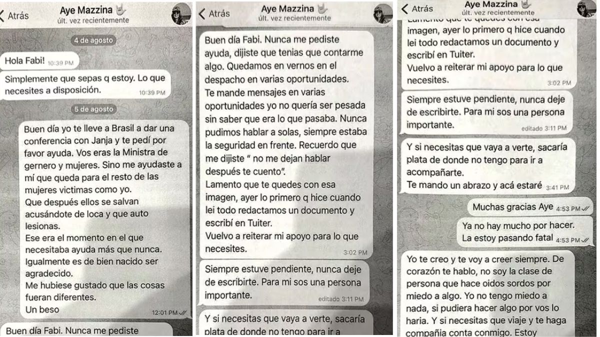 Los chats de Fabiola Yañez con Ayelén Mazzina, luego de que estallara el escándalo (Foto: Infobae). Los chats de Fabiola Yañez con Ayelén Mazzina, luego de que estallara el escándalo (Foto: Infobae).