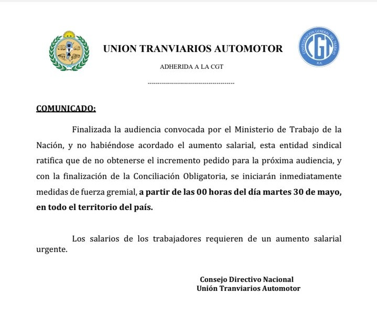 El comunicado de la UTA sobre el paro de colectivos para este martes 30/5.