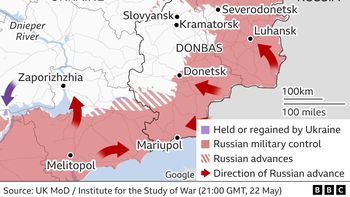 Donbas a fines mayo, cuando comenzaba la ofensiva. En Julio todas esas localidades quedaron bajo control de los separatistas rusos.