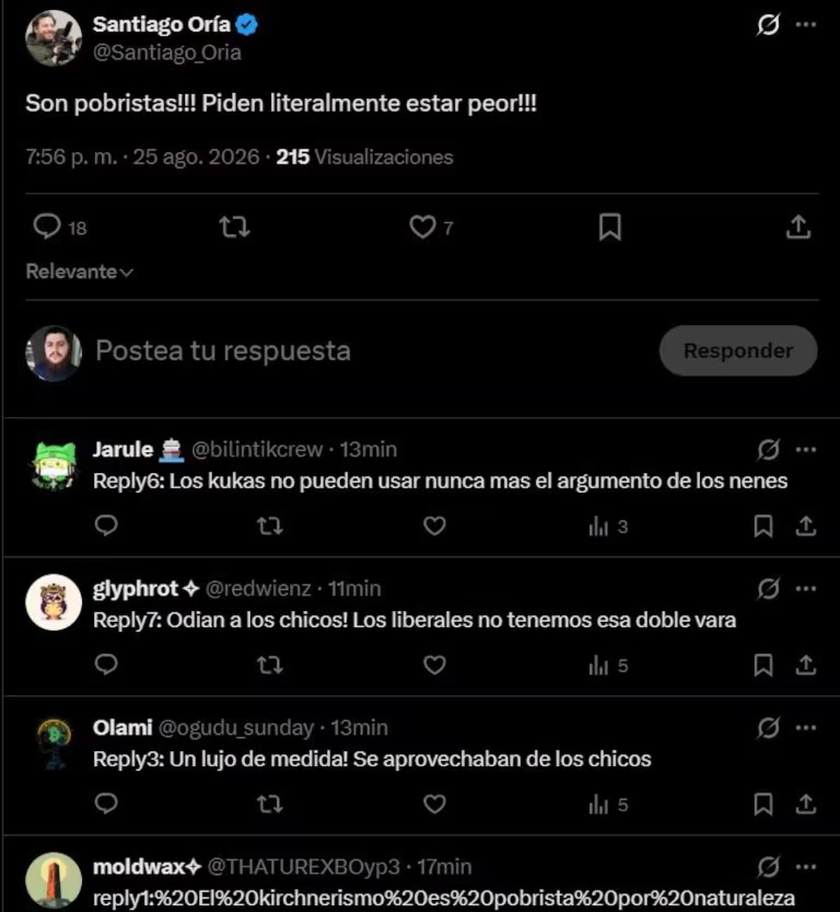 Una publicaci&oacute;n de Or&iacute;a recibi&oacute; respuestas con las instrucciones visibles de "Reply", que dej&oacute; demostrado el uso de bots. Foto: X