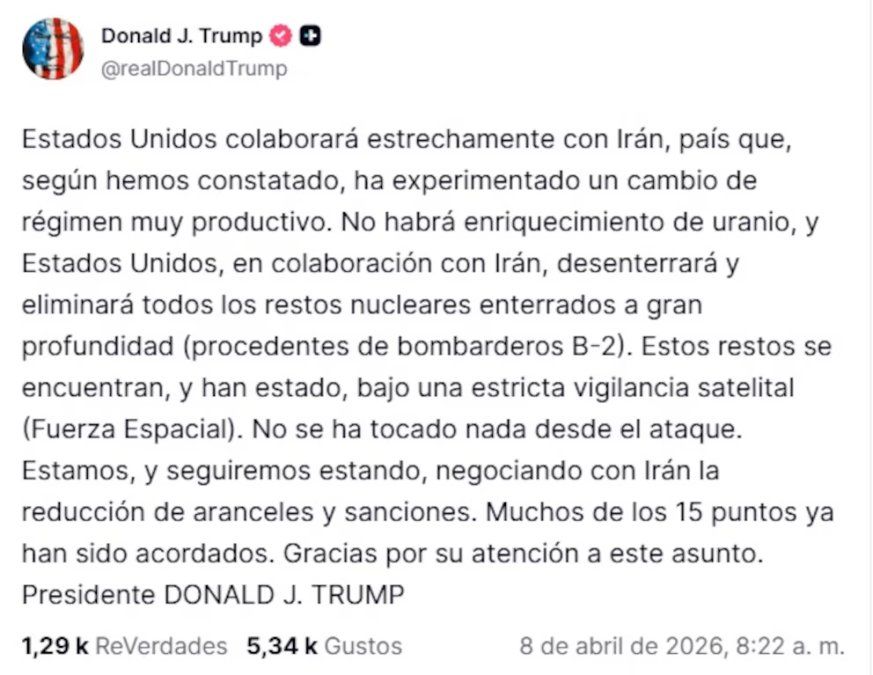 Trump escribió un posteo en Truth Social para informar sobre las condiciones del alto al fuego de dos semanas con Irán. Trump escribió un posteo en Truth Social para informar sobre las condiciones del alto al fuego de dos semanas con Irán.
