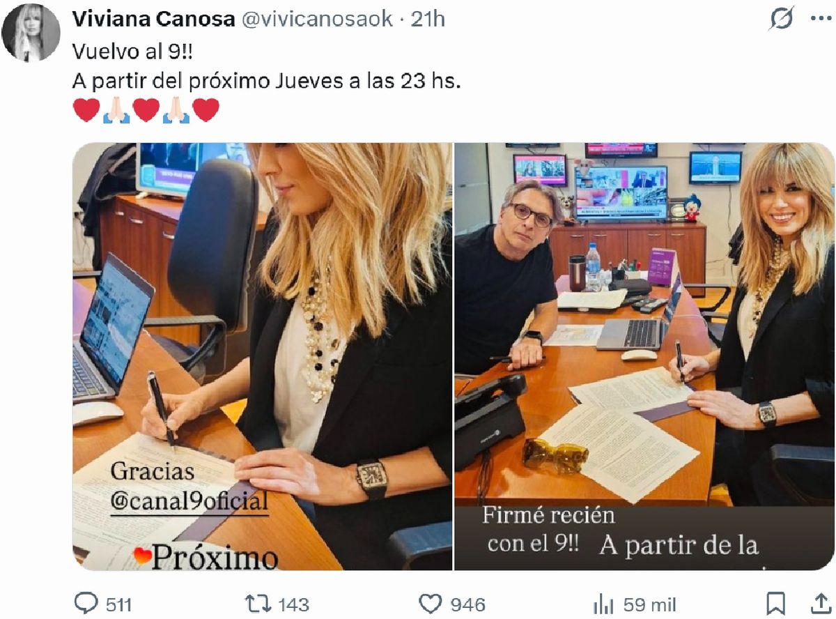 Viviana Canosa compartió en X el momento en que firmó su nuevo contrato. Viviana Canosa compartió en X el momento en que firmó su nuevo contrato.