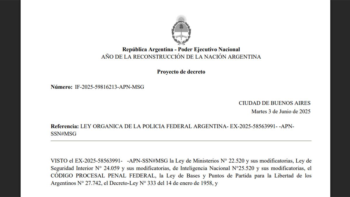 El proyecto de decreto firmado por Patricia Bullrich publicado en el Boletín Oficial.