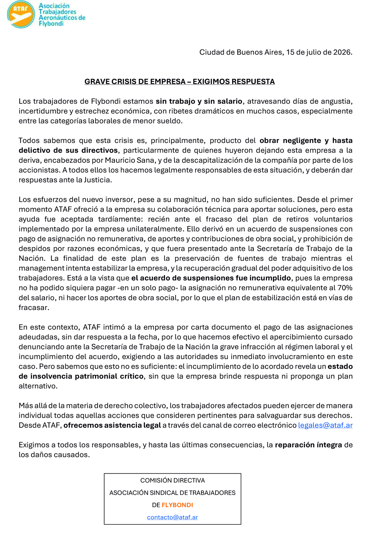 El comunicado oficial de ATAF, adelantado por el sitio AeroMarket. El comunicado oficial de ATAF, adelantado por el sitio AeroMarket.