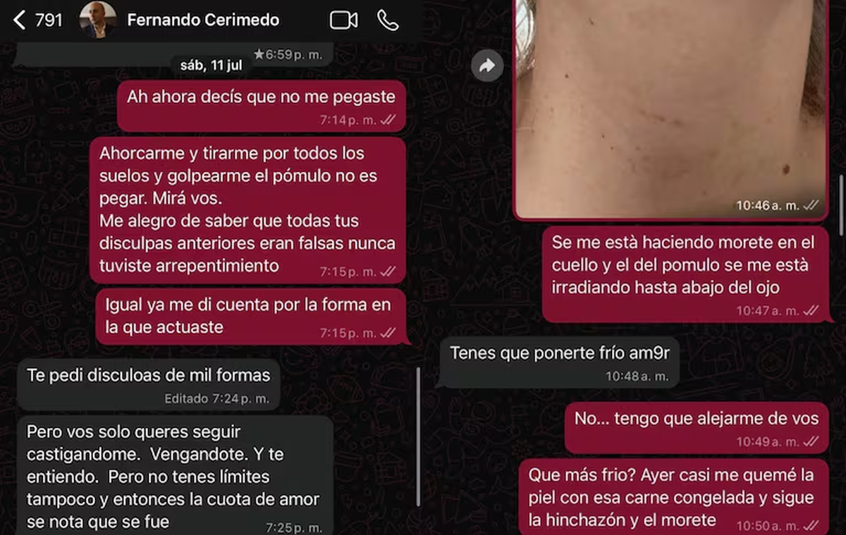 En algunos de los chats, Cerimedo reconoce indirectamente las agresiones físicas contra Beller. Foto: X En algunos de los chats, Cerimedo reconoce indirectamente las agresiones físicas contra Beller. Foto: X