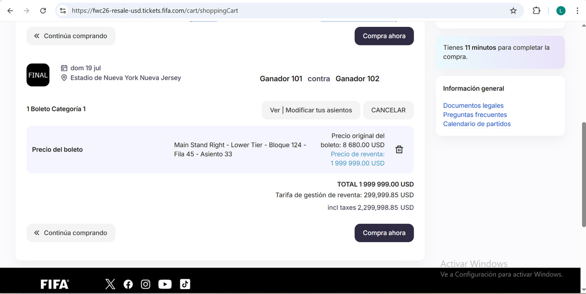 La entrada de la final del Mundial 2026 en la plataforma de FIFA reventa de más de 2 millones de dólares. La entrada de la final del Mundial 2026 en la plataforma de FIFA reventa de más de 2 millones de dólares.