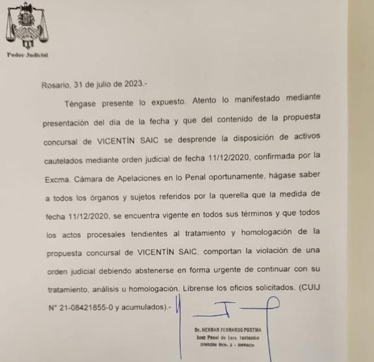 El escrito del juez Postma El escrito del juez Postma