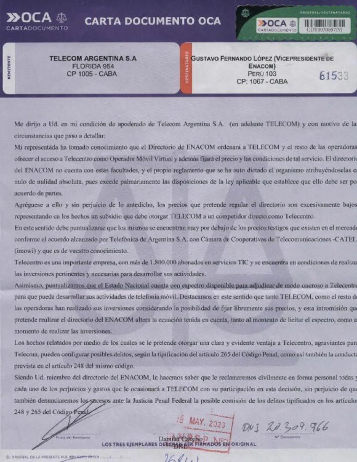 La carta documento que el representante de Telecom le envió al ENACOM.