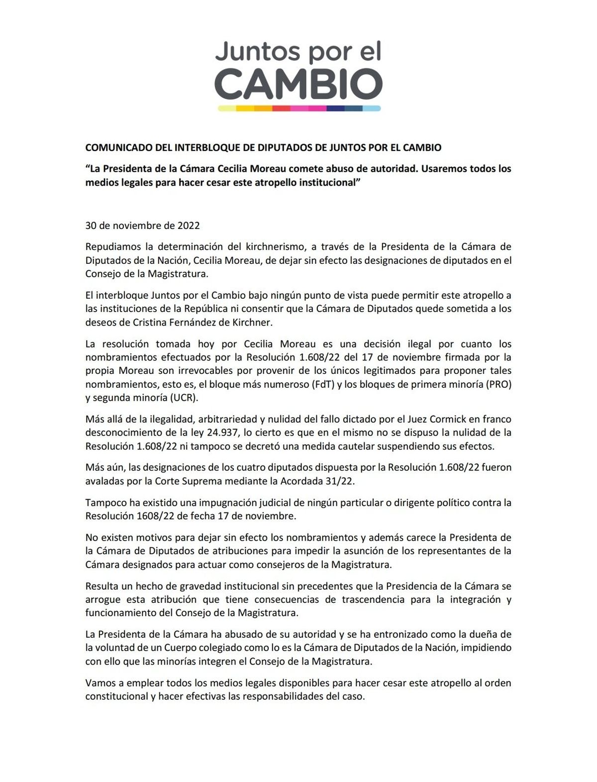 JxC acusó a Cecilia Moreau de cometer "abuso de autoridad".