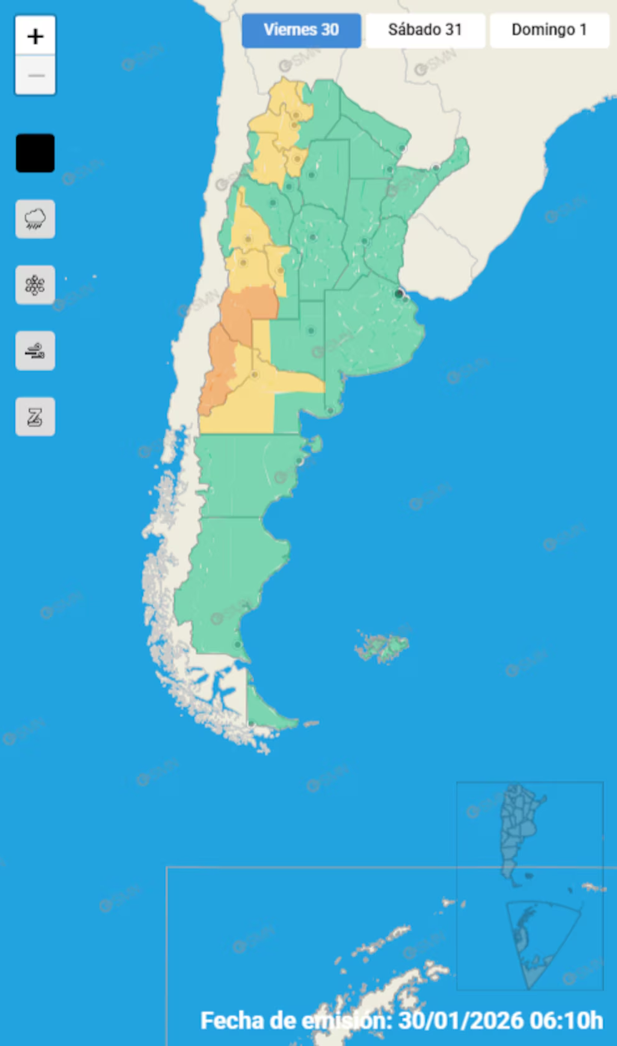 Mapa de zonas afectadas por alertas durante las primeras horas del día (SMN) Mapa de zonas afectadas por alertas durante las primeras horas del día (SMN)