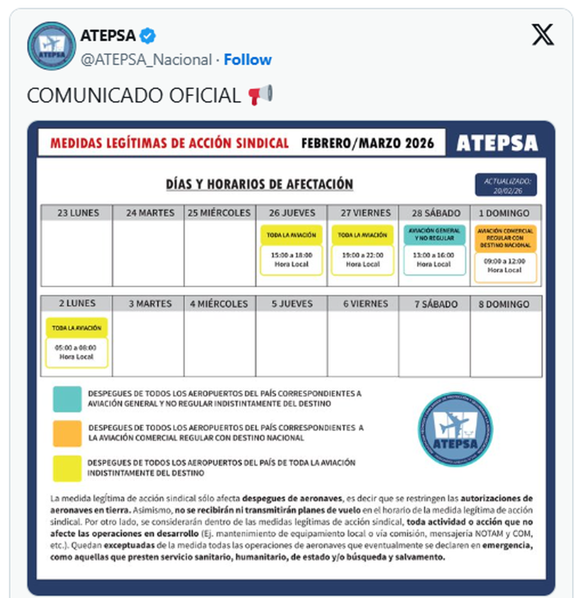 El cronograma de paro completo de los controladores aéreos https://x.com/ATEPSA_Nacional/status/2025316886372630620 El cronograma de paro completo de los controladores aéreos https://x.com/ATEPSA_Nacional/status/2025316886372630620