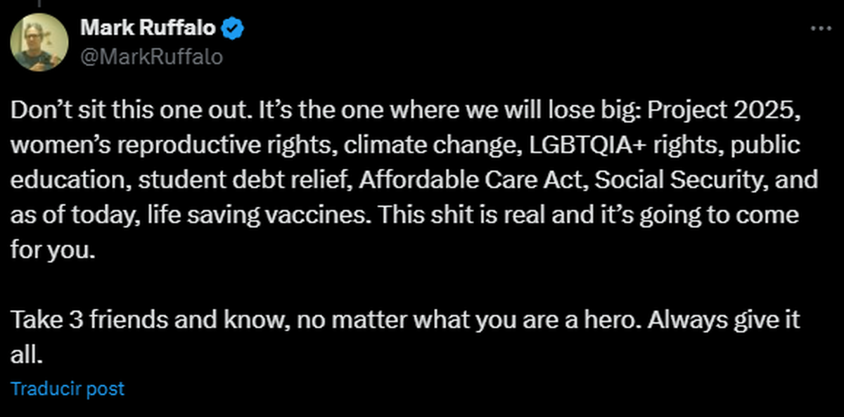 Abajo la traducción del tweet de Ruffalo. Abajo la traducción del tweet de Ruffalo.