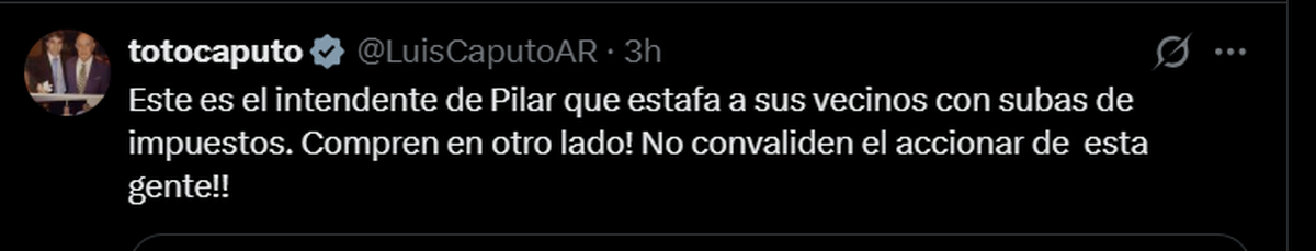 Tweet de Luis Caputo del 07/12. Tweet de Luis Caputo del 07/12.