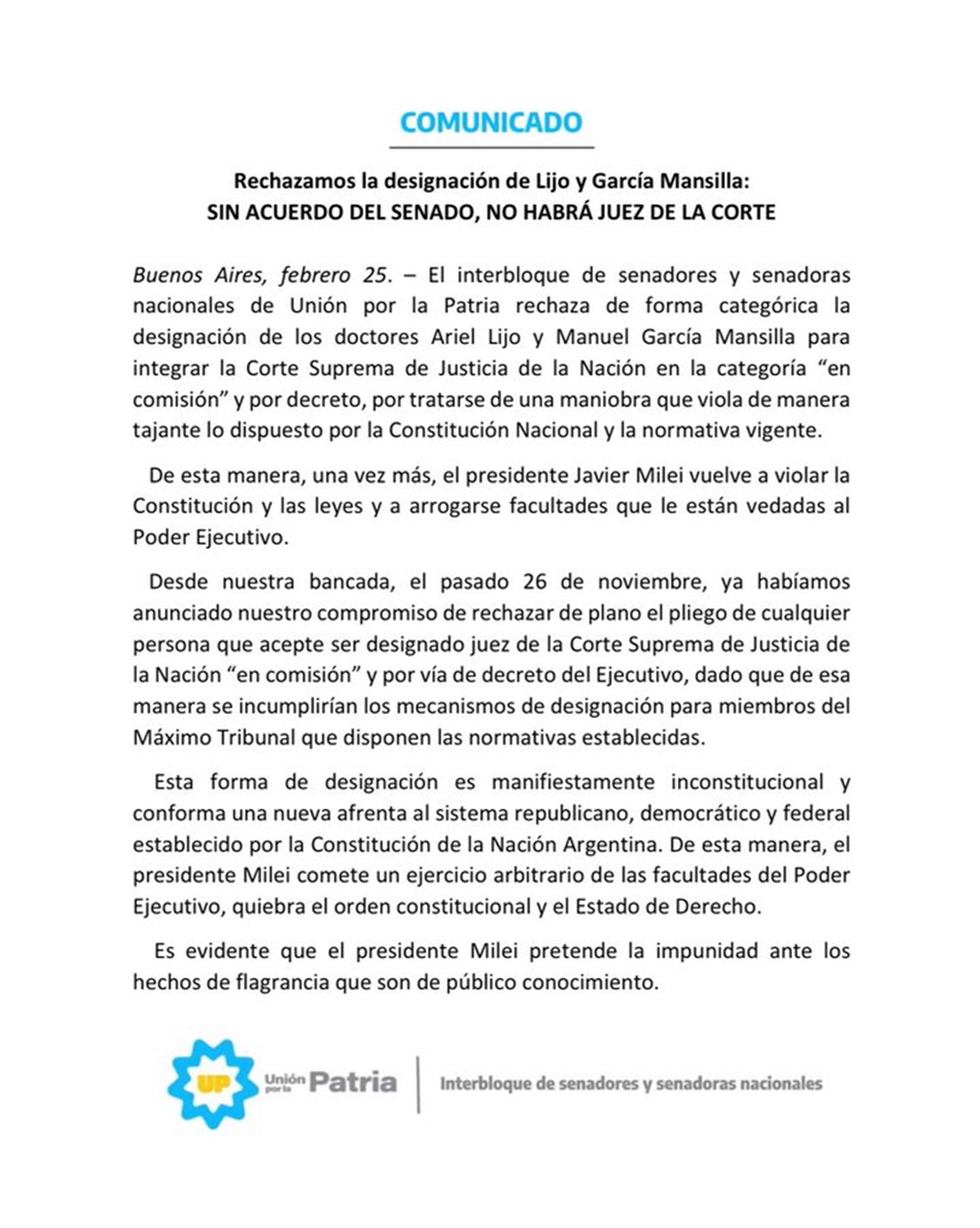 Documento de legisladores de Unión por la Patria sobre las designaciones de Ariel Lijo y García Mansilla Documento de legisladores de Unión por la Patria sobre las designaciones de Ariel Lijo y García Mansilla