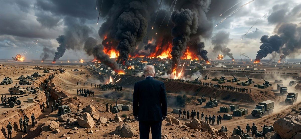 Imagen creada con IA en la que se ve a Donald Trump viendo una ciudad arder en llamas por la guerra.