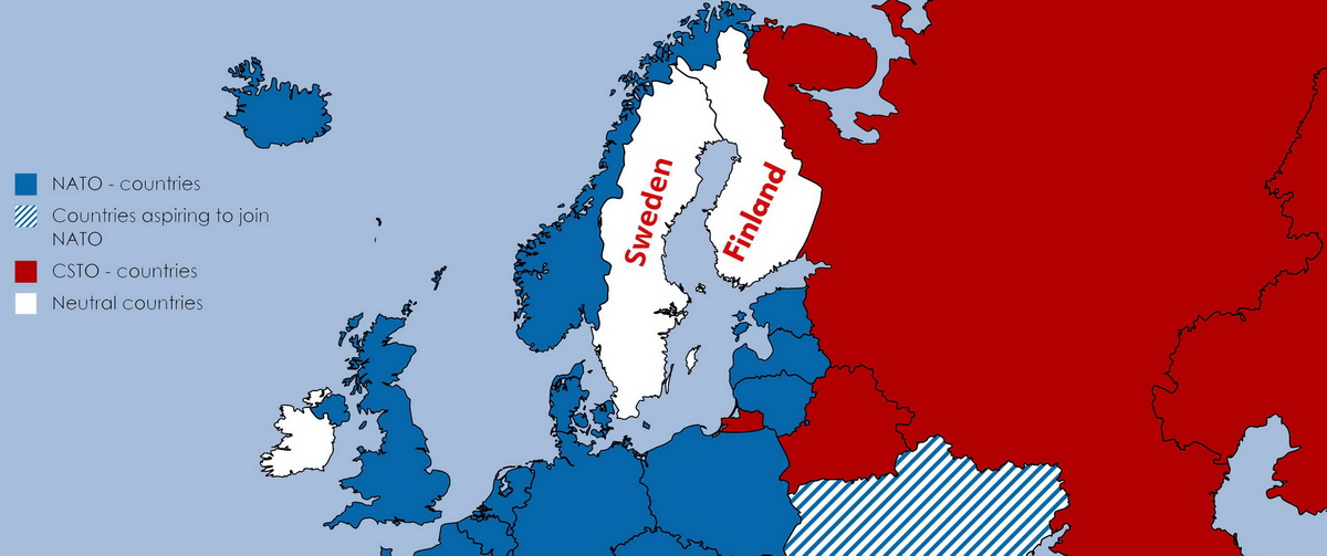 OTAN en azul, Rusia-aliados en rojo y neutrales en blanco