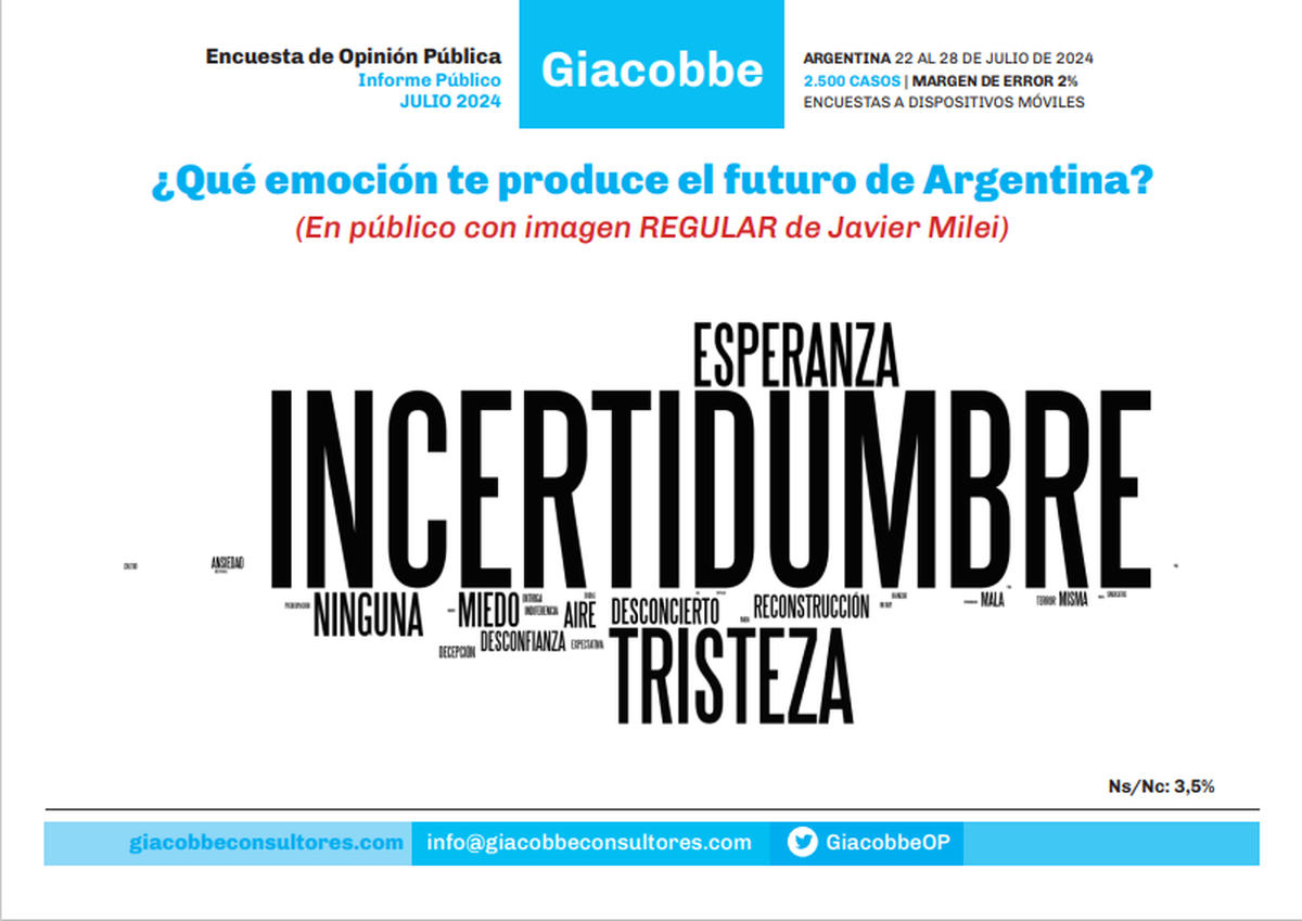 Incertidumbre, la emoción predominante entre quienes tienen imagen irregular de Milei según la encuesta de Giacobbe. Incertidumbre, la emoción predominante entre quienes tienen imagen irregular de Milei según la encuesta de Giacobbe.