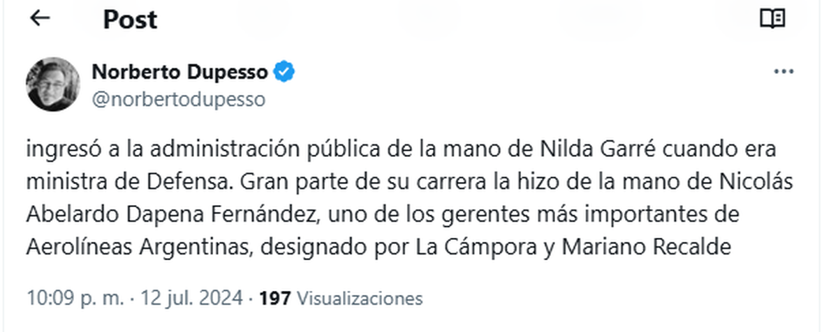 El periodista Norberto Dupesso y una referencia al pasado de Dapena Fernández en Aerolíneas Argentinas. El periodista Norberto Dupesso y una referencia al pasado de Dapena Fernández en Aerolíneas Argentinas.