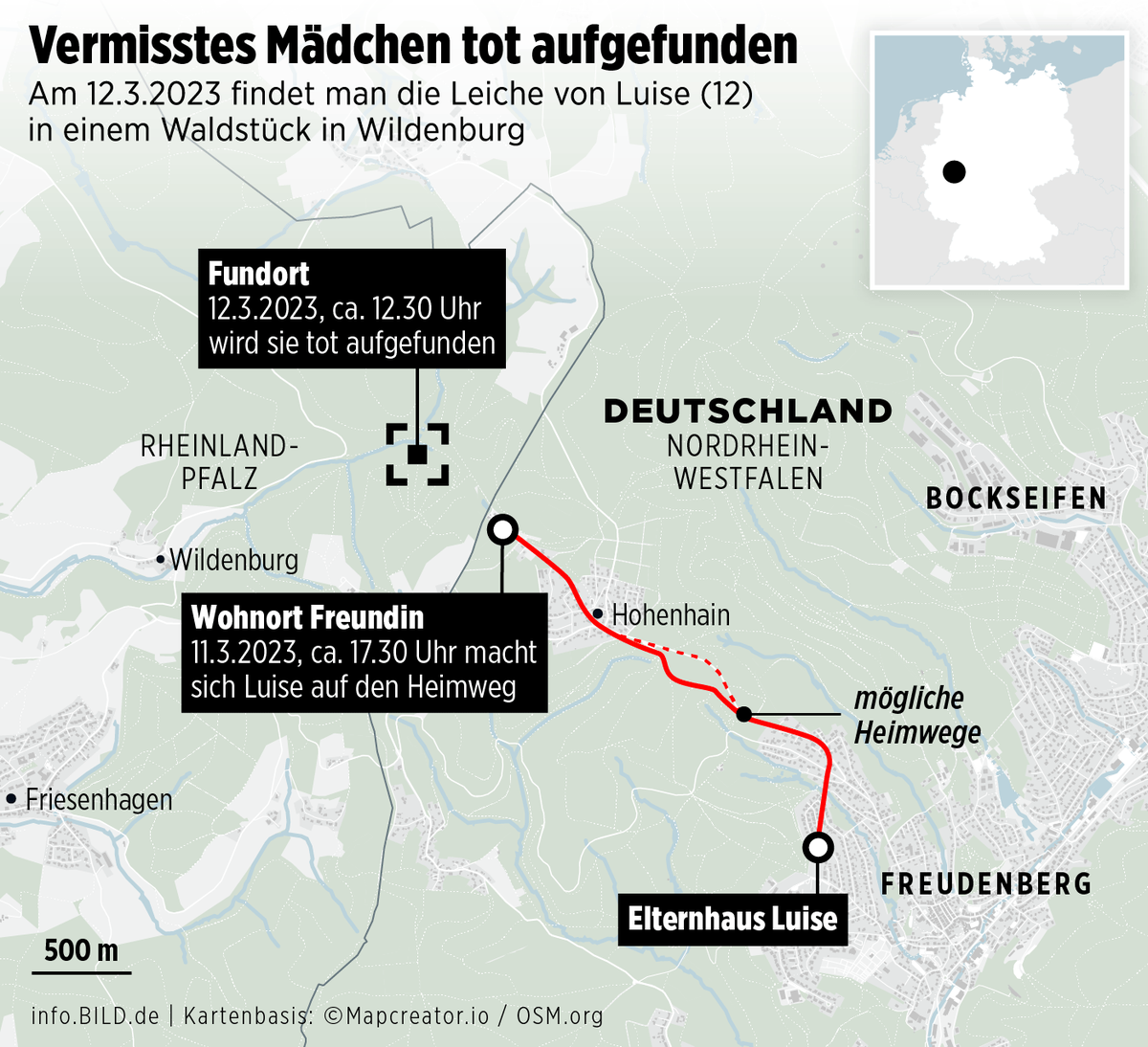 Luise visitó a un amigo del suburbio de Hohenhain durante el sábado. El camino más corto de regreso a su casa en Freudenberg es a través de un bosque. Sin embargo, el cuerpo no fue encontrado allí, sino en sentido contrario.