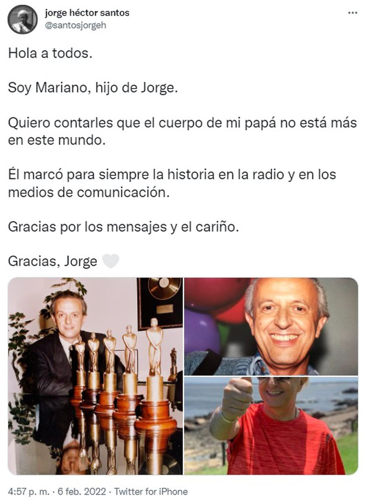 El mensaje que publicó Mariano, el hijo de Jorge Santos, a través de la cuenta de Twitter del fallecido periodista. 
