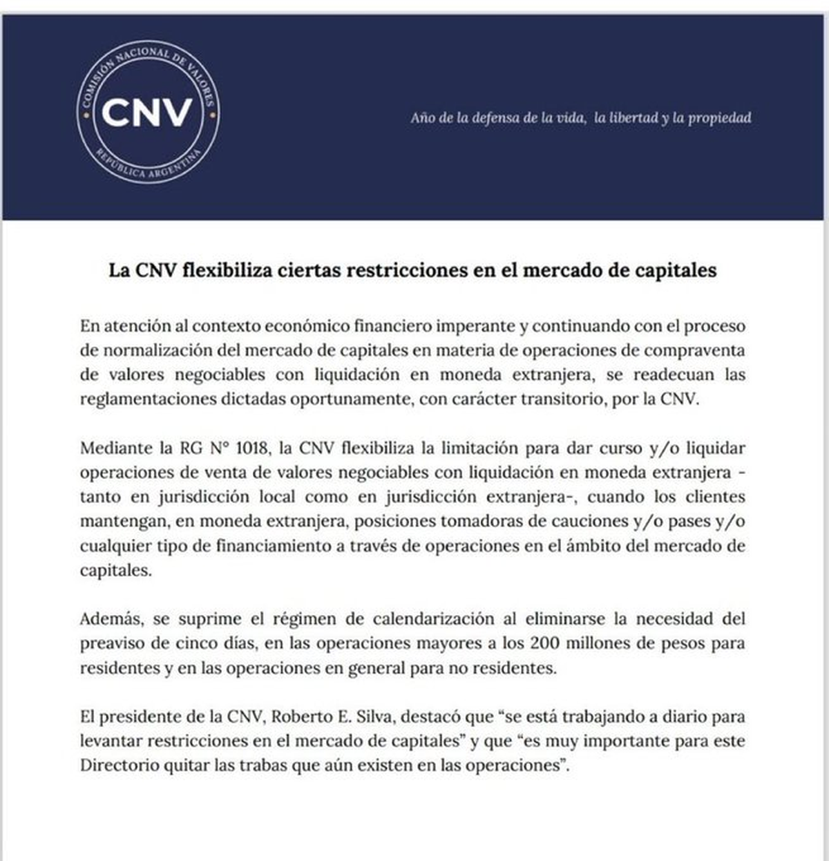 El comunicado de la CNV sobre la flexibilización del cepo cambiario que implica la eliminación de dos restricciones impuestas por el gobierno de Alberto Fernández. El comunicado de la CNV sobre la flexibilización del cepo cambiario que implica la eliminación de dos restricciones impuestas por el gobierno de Alberto Fernández.