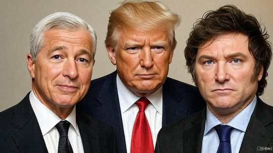 Jamie Dimon, Donald Trump y Javier Milei por Grok. Jamie Dimon, Donald Trump y Javier Milei por Grok.