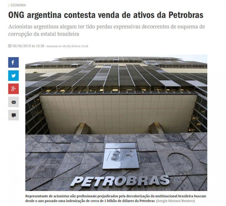 El semanario Veja se interiorizó de la demanda a Petrobras Argentina.