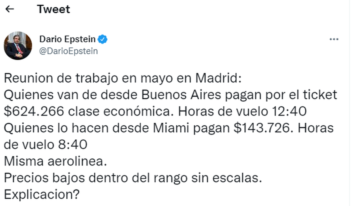 Diferencia en el precio de los pasajes desde Argentina a España y desde Estados Unidos a España. Foto: @DarioEpstein
