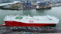 El carguero de BYD descarga coches eléctricos en Brasil.