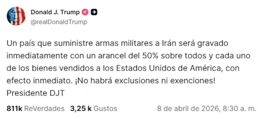 Posteo de Trump del 8/04/26 sobre el alto al fuego con Irán Posteo de Trump del 8/04/26 sobre el alto al fuego con Irán