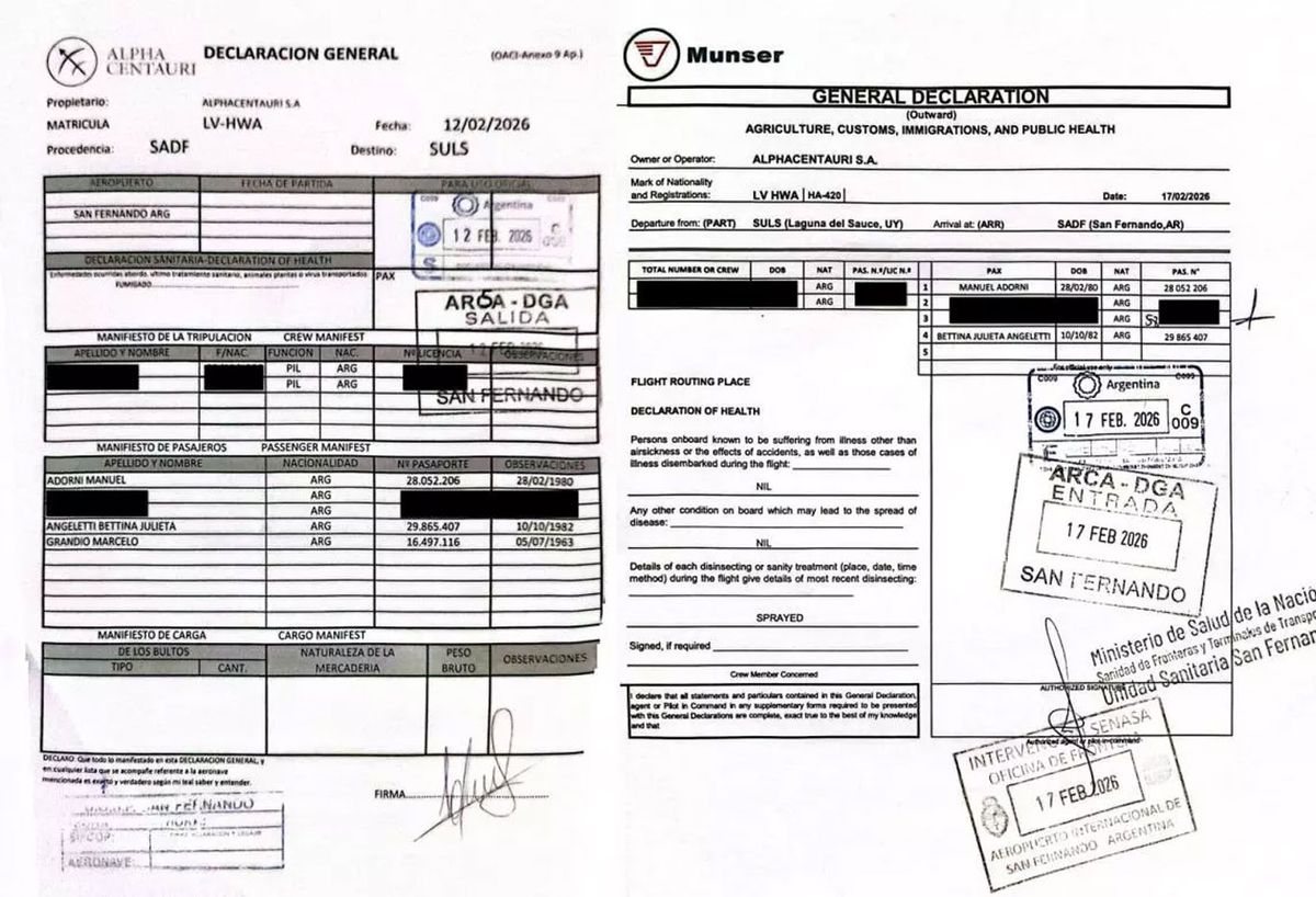 Las declaraciones juradas de salida y regreso de Adorni. De acuerdo a diarioar, el cambio de nombre del operador se debe a que el regreso se registró a una empresa uruguaya. Las declaraciones juradas de salida y regreso de Adorni. De acuerdo a diarioar, el cambio de nombre del operador se debe a que el regreso se registró a una empresa uruguaya.