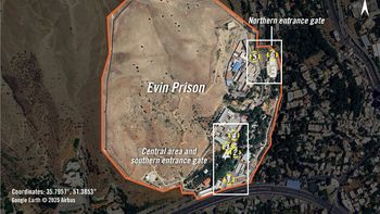 Prisión de Evin, en Teherán, y los lugares donde bombardeó Israel. Prisión de Evin, en Teherán, y los lugares donde bombardeó Israel.