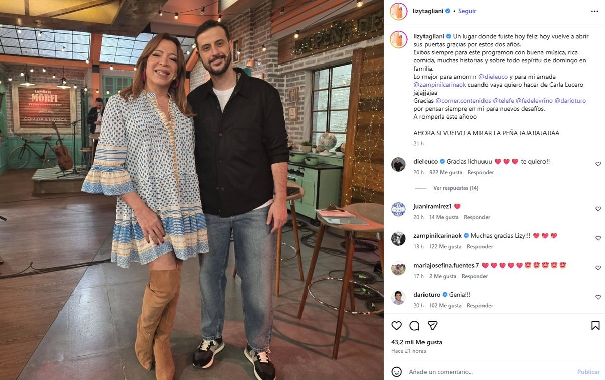 La publicación de Lizy Tagliani de cara a lo que fue el debut de la nueva edición de La Peña de Morfi. La publicación de Lizy Tagliani de cara a lo que fue el debut de la nueva edición de La Peña de Morfi.