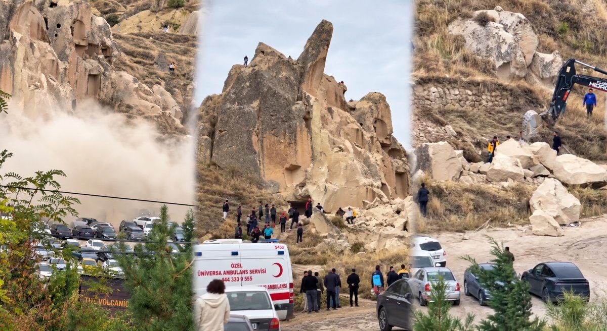 El desprendimiento en Göreme, Capadocia, levantó una nube de polvo junto al estacionamiento y movilizó a los equipos de rescate, que buscan posibles personas atrapadas entre las rocas. Composición de capturas de video.