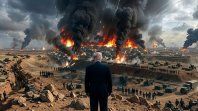 Imagen creada con IA en la que se ve a Donald Trump viendo una ciudad arder en llamas por la guerra.