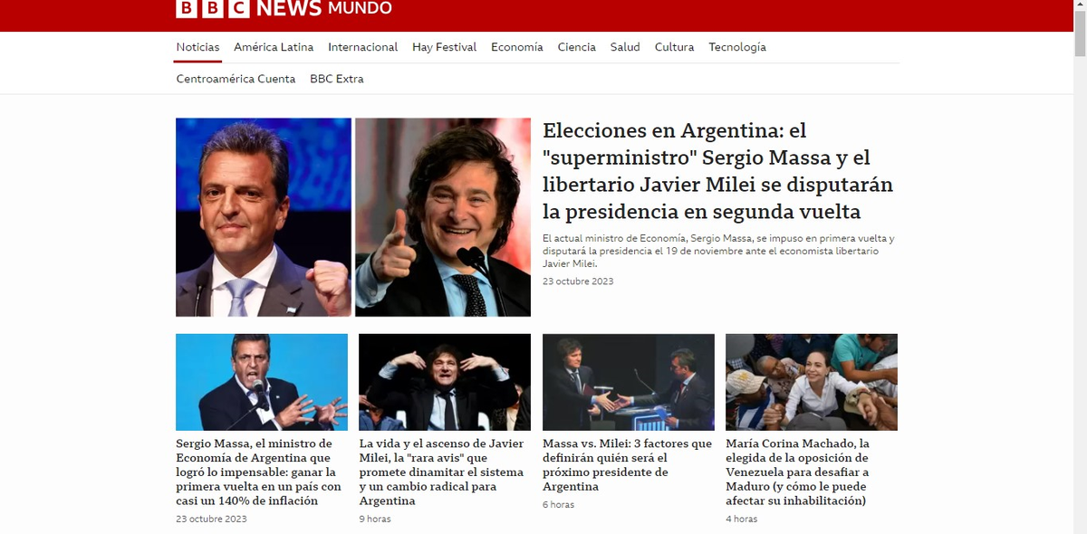“Sergio Massa, el ministro de economía que logró lo impensable: ganar la primera vuelta en un país con casi 140% de inflación”, sintetizó la BBC. “Sergio Massa, el ministro de economía que logró lo impensable: ganar la primera vuelta en un país con casi 140% de inflación”, sintetizó la BBC.