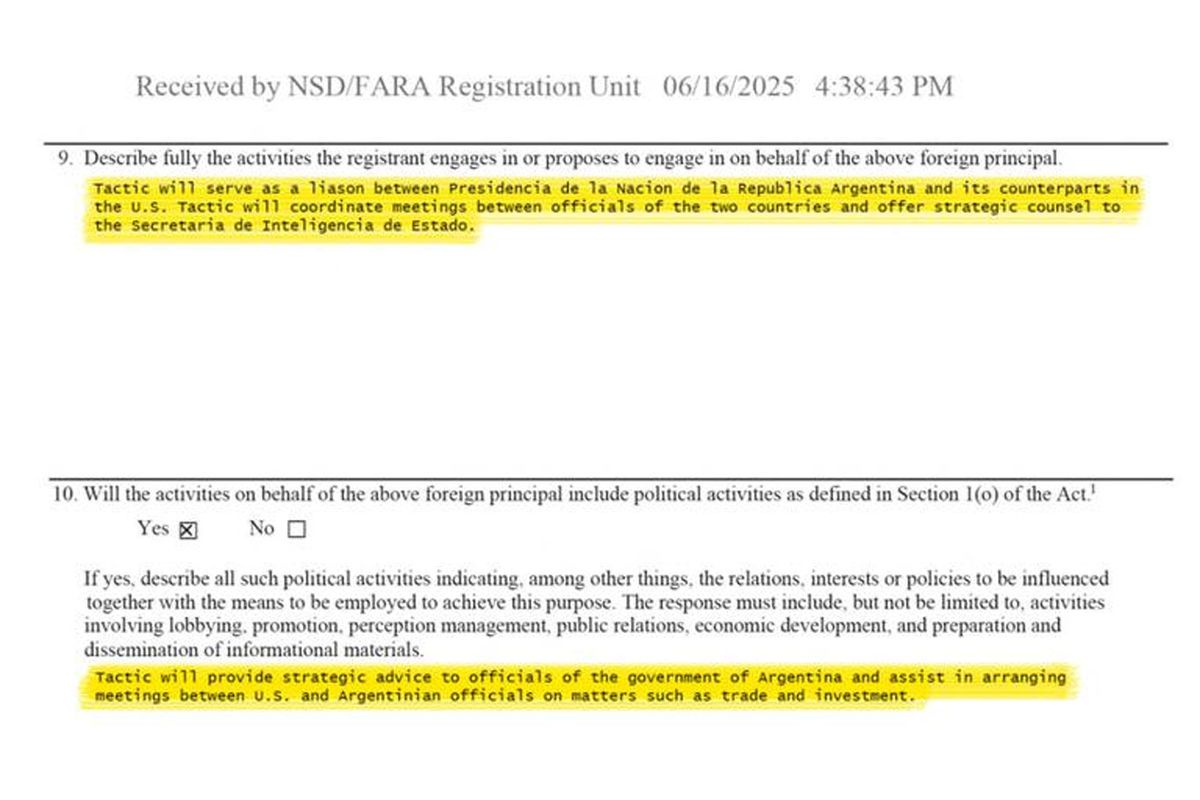 Captura del documento presentado ante el Departamento de Justicia de Estados Unidos que describe el vínculo entre la SIDE y Tactic Global. Captura del documento presentado ante el Departamento de Justicia de Estados Unidos que describe el vínculo entre la SIDE y Tactic Global.