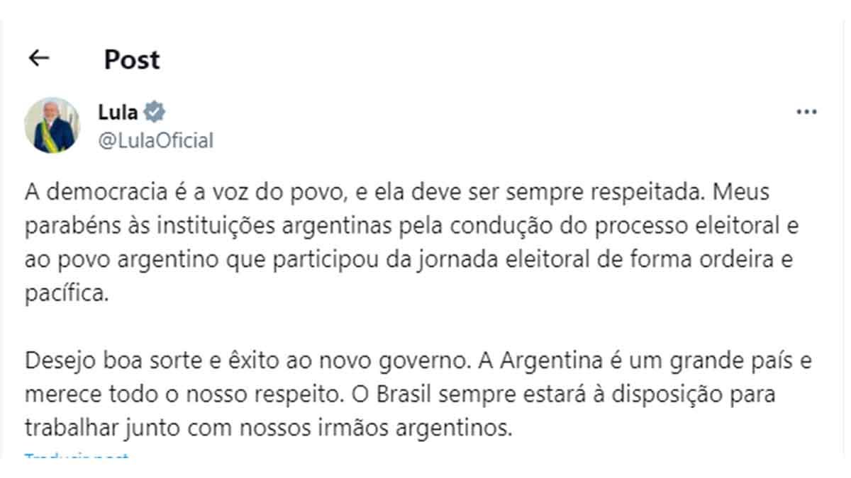 El tuit de Lula Da Silva sobre la victoria de Javier Milei, sin menciones al libertario ni a su partido.