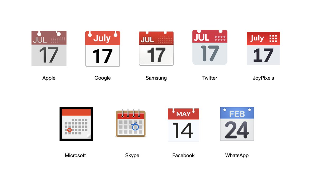 Para que coincida con el Día Mundial del Emoji, casi todas las plataformas (salvo Facebook y WhatsApp) cambiaron su emoji del calendario para que muestre la fecha 17 de julio. Para que coincida con el Día Mundial del Emoji, casi todas las plataformas (salvo Facebook y WhatsApp) cambiaron su emoji del calendario para que muestre la fecha 17 de julio.
