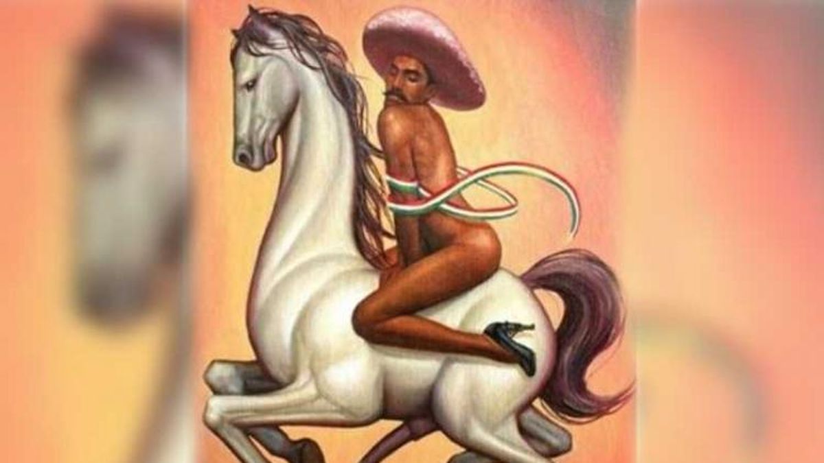 Zapata desnudo y con tacos, montando un caballo con el pene erecto