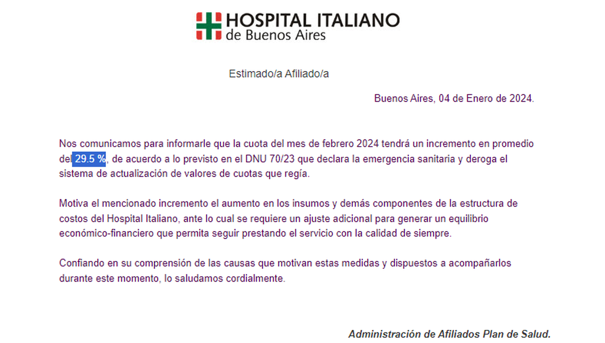 Imagen de una notificación de la prepaga del Hospital Italiano a un afiliado, donde anuncia un 29,4% de aumento para febrero. Imagen de una notificación de la prepaga del Hospital Italiano a un afiliado, donde anuncia un 29,4% de aumento para febrero.
