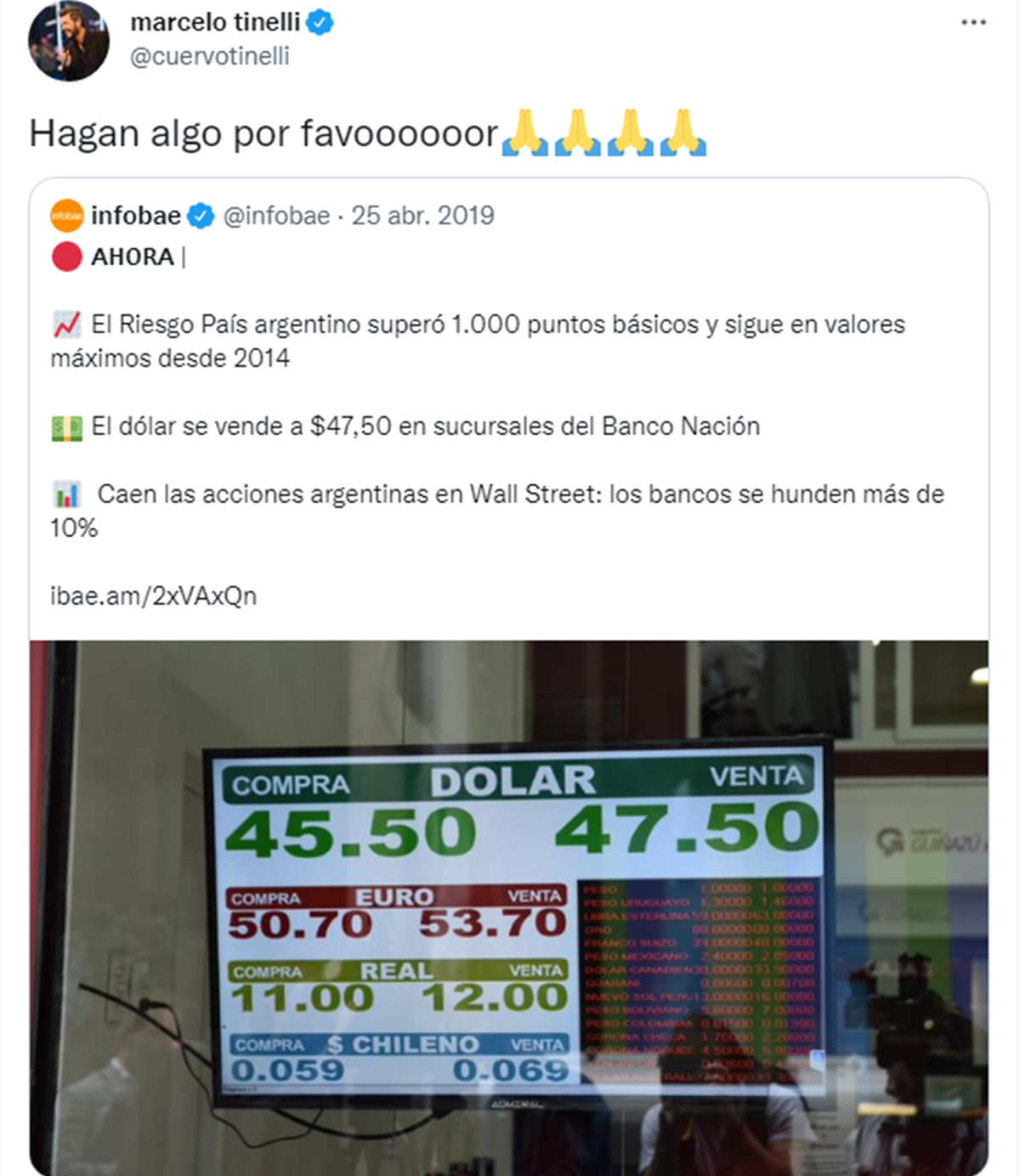 Un mensaje de Marcelo Tinelli en su cuenta de Twitter en 2019, demandado respuestas por parte del Gobierno de Mauricio Macri.