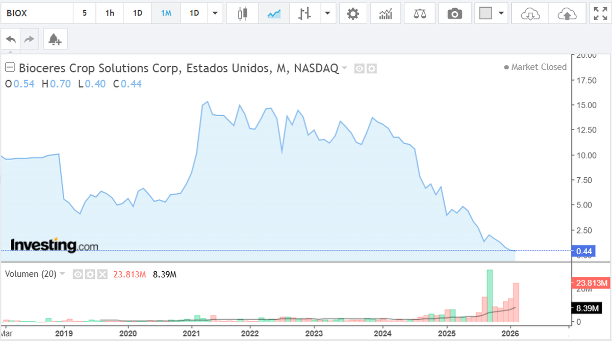 Cotización de Bioceres desde 2019. Fuente: Investing.com Cotización de Bioceres desde 2019. Fuente: Investing.com