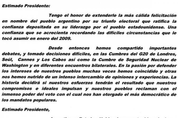Cristina le mandó una carta a Obama para felicitarlo por su victoria electoral.